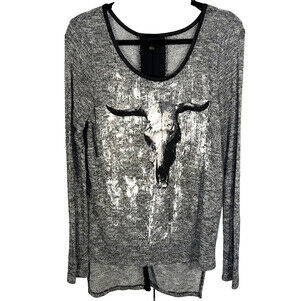 Rock & Republic Sweater Women's M Oversized Abstract Art and Longhorn Skull